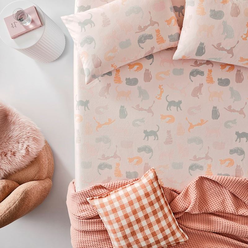 Printed Pink Cat Flannelette Sheet Separates + Pillowcases
