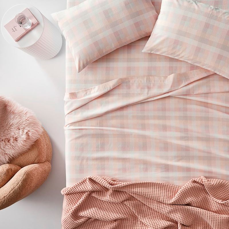Printed Pink Dusty Check Flannelette Sheet Set + Pillowcases