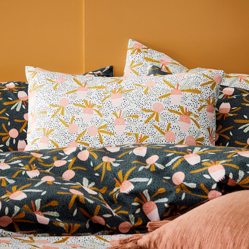 Printed White Banksia Flannelette Quilt Cover Set + Pillowcases