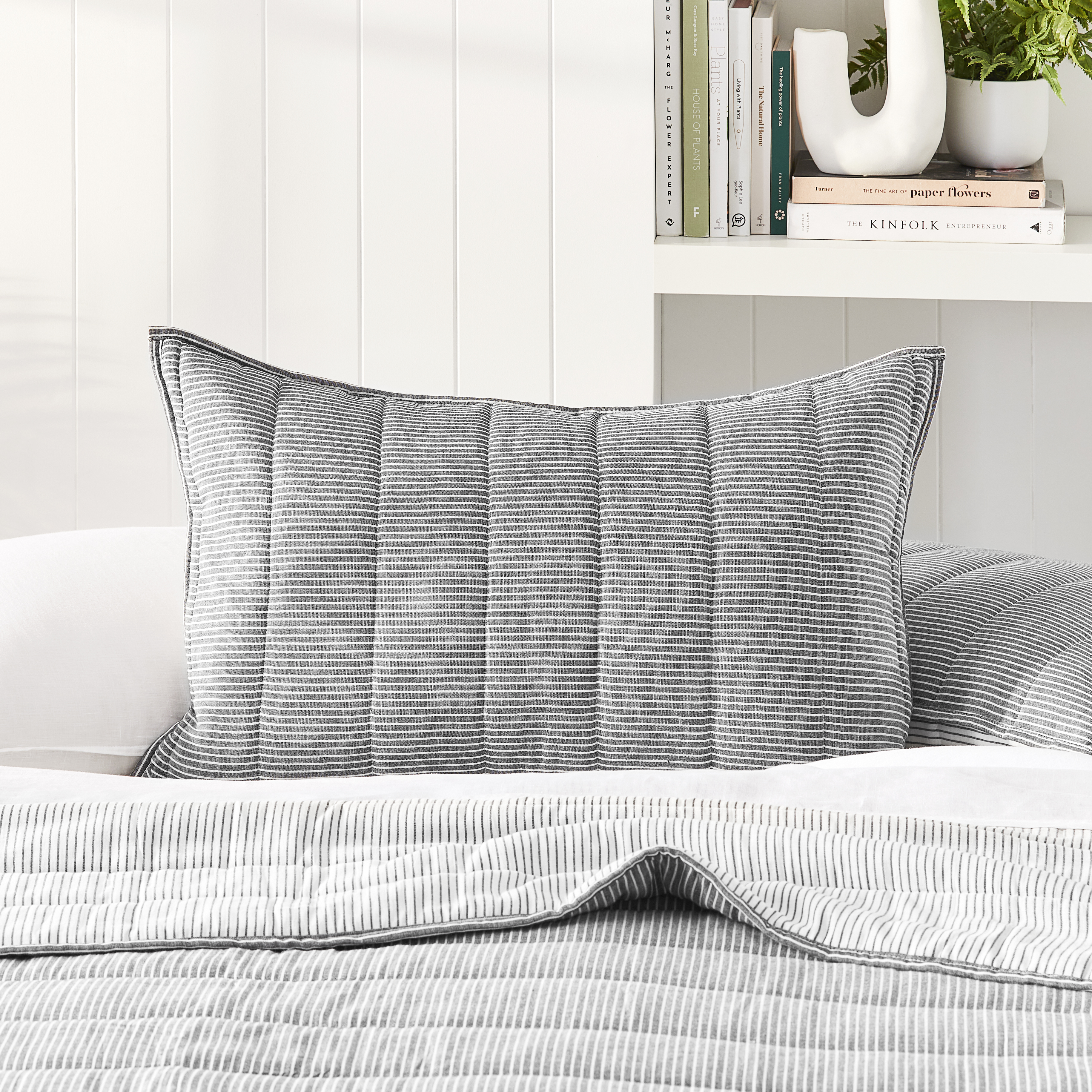 Cove Off White & Onyx Stripe Quilted Coverlet + Pillowcases Adairs