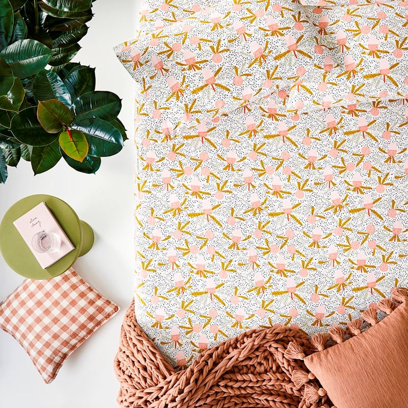 Printed White Banksia Flannelette Sheet Separates + Pillowcases