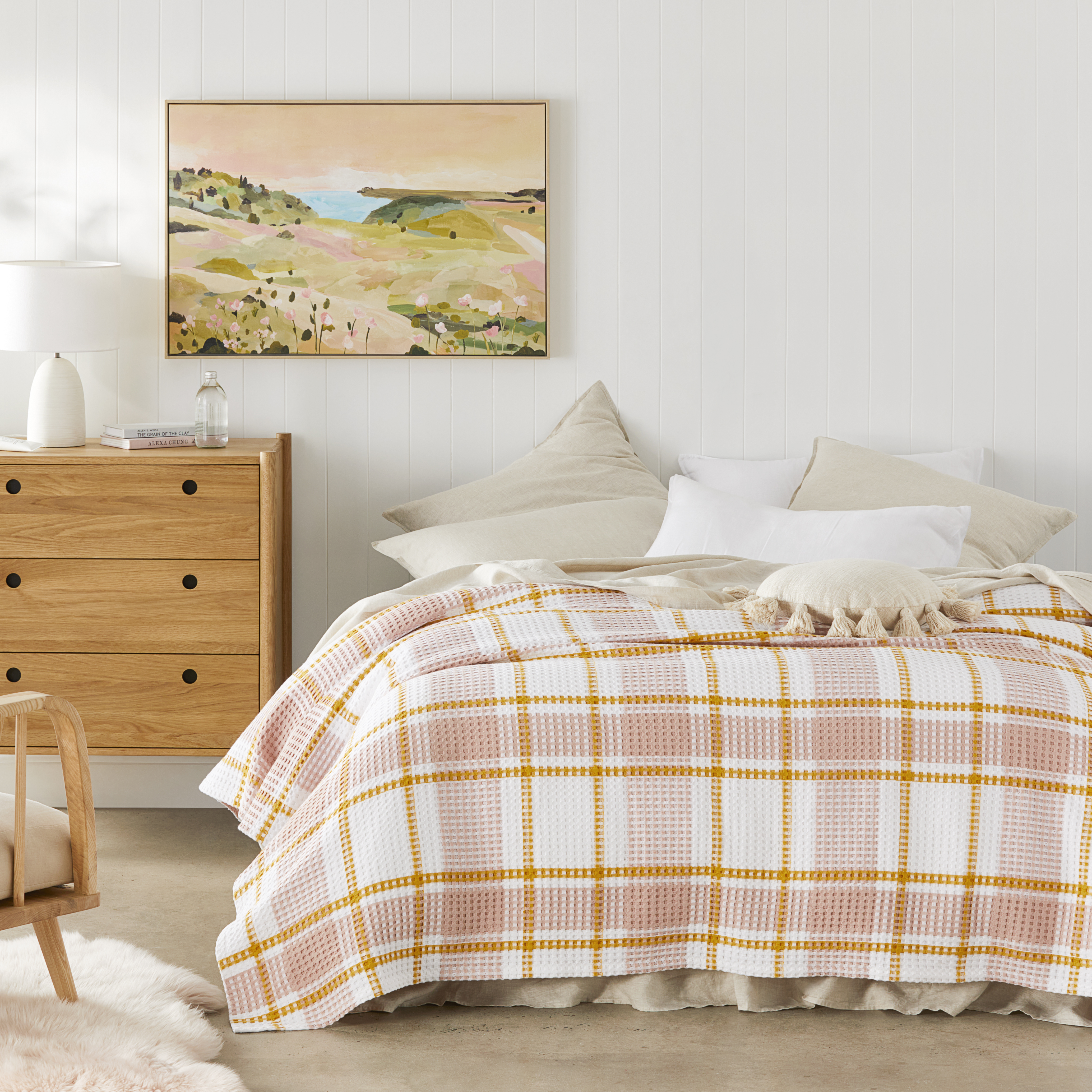 European Collection Turkish Cotton Pink Check Waffle Blanket Adairs