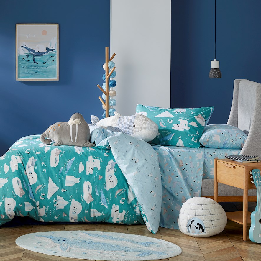 Adairs Kids Arctic Friends Sea Green Quilt Cover Set Bedroom