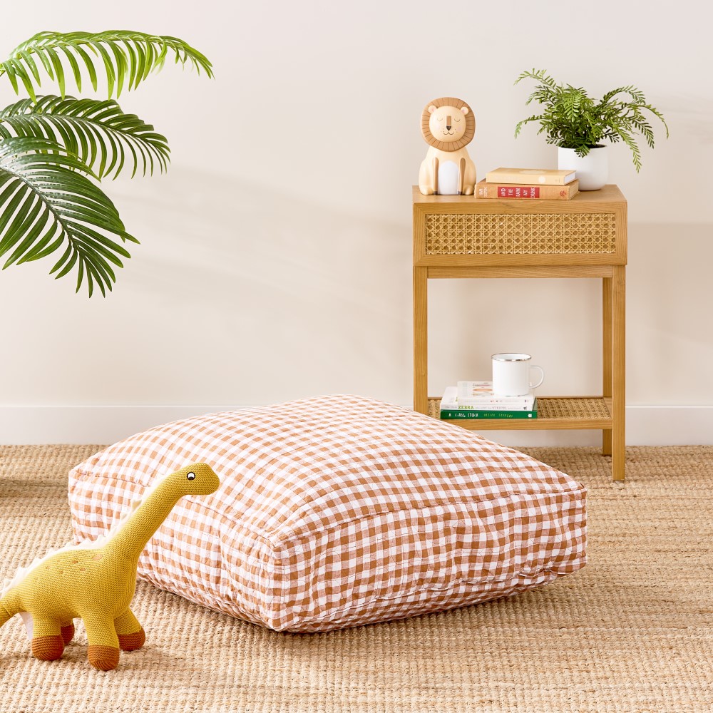 Adairs Kids Vintage Washed Linen Caramel Check Floor Cushion