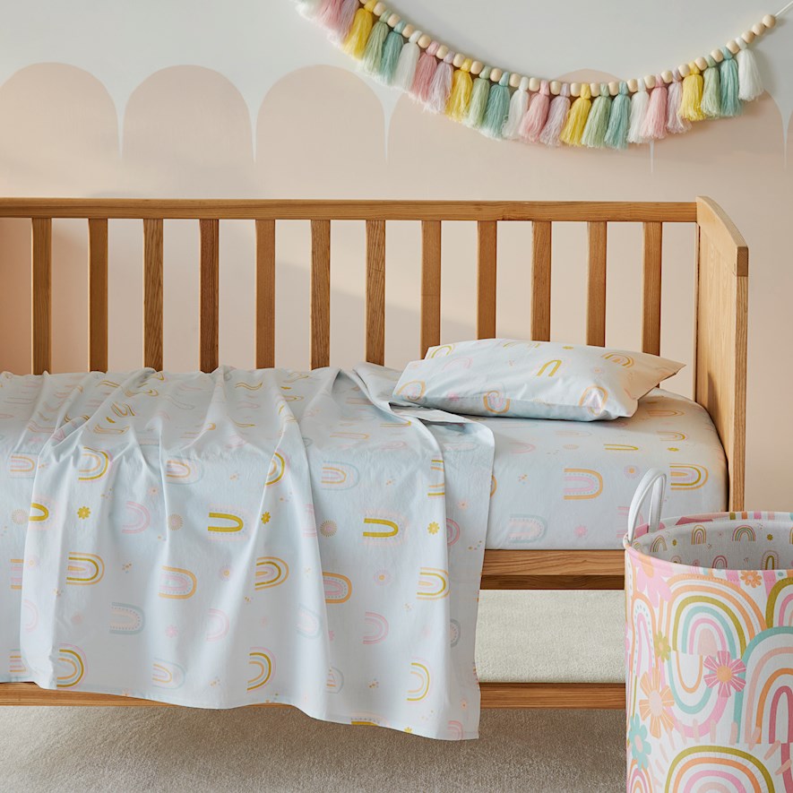 Adairs Kids Sunshine & Rainbows Sage Cot Sheet Set Adairs
