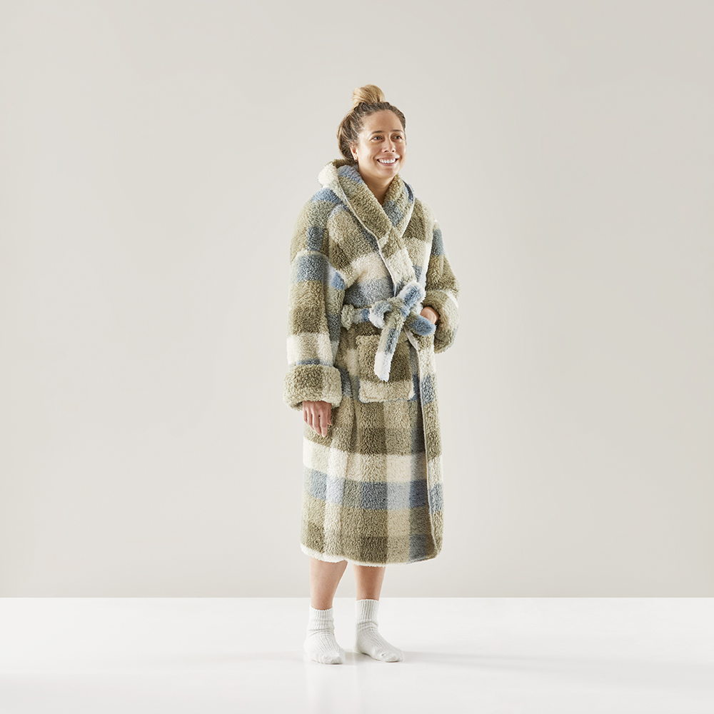 Printed Sherpa Green Check Hooded Robe | Adairs
