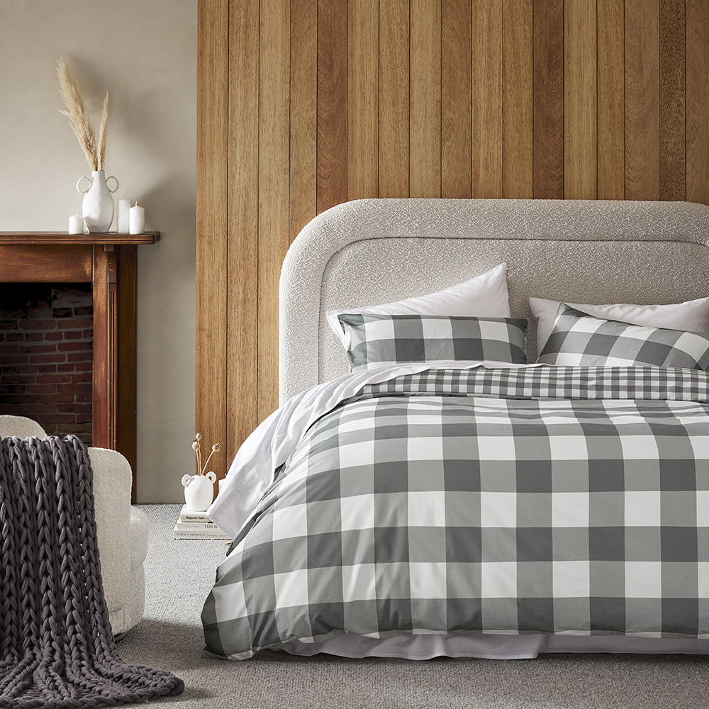 Flannelette Charcoal Check Printed Quilt Cover Set Bedroom Adairs