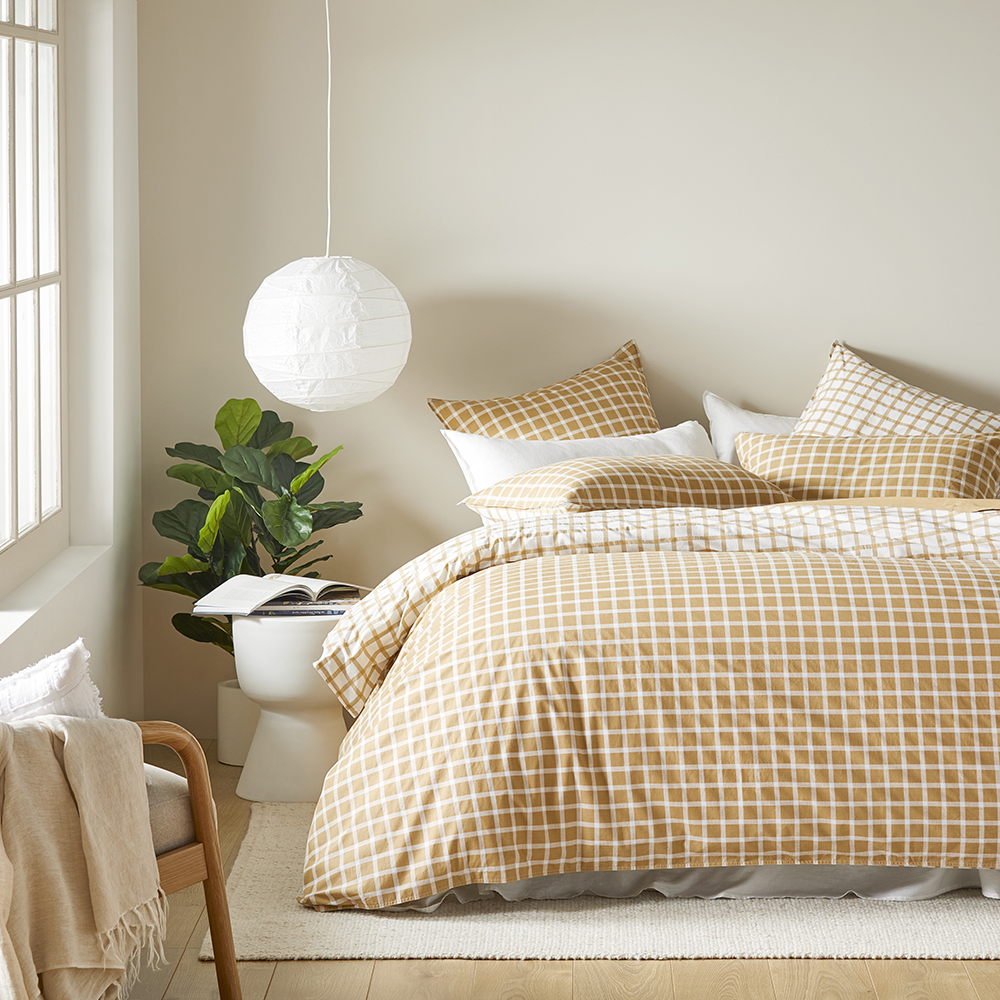 Stonewashed Cotton Printed Gold Gingham Quilt Cover Bedroom Adairs