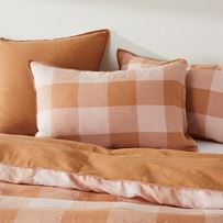 Vintage Washed Linen Large Caramel & Pink Check Pillowcases
