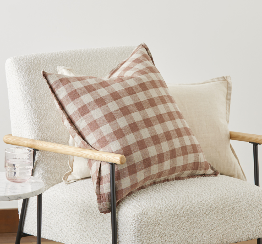 Belgian Cocoa & Linen Check Vintage Washed Linen Cushion Adairs
