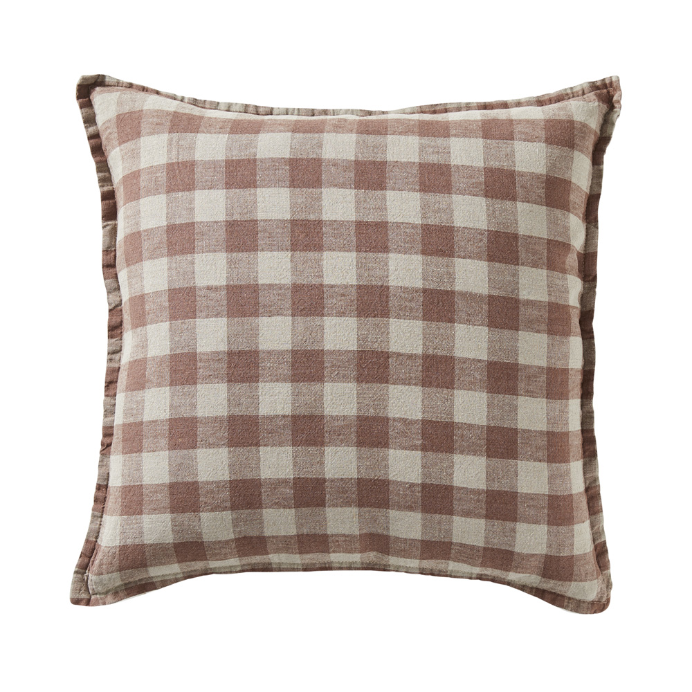 Belgian Cocoa & Linen Check Vintage Washed Linen Cushion Adairs