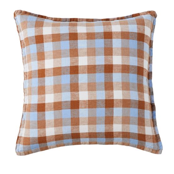 Belgian Blue Earth Multi Check Vintage Washed Linen Cushion