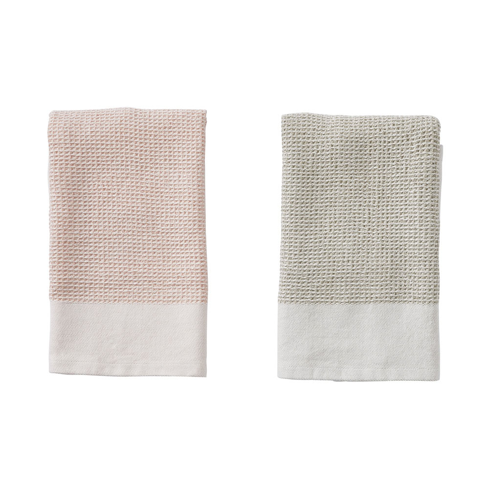 Stonewashed Waffle Pink & Natural Tea Towel & Dishcloth Set Adairs