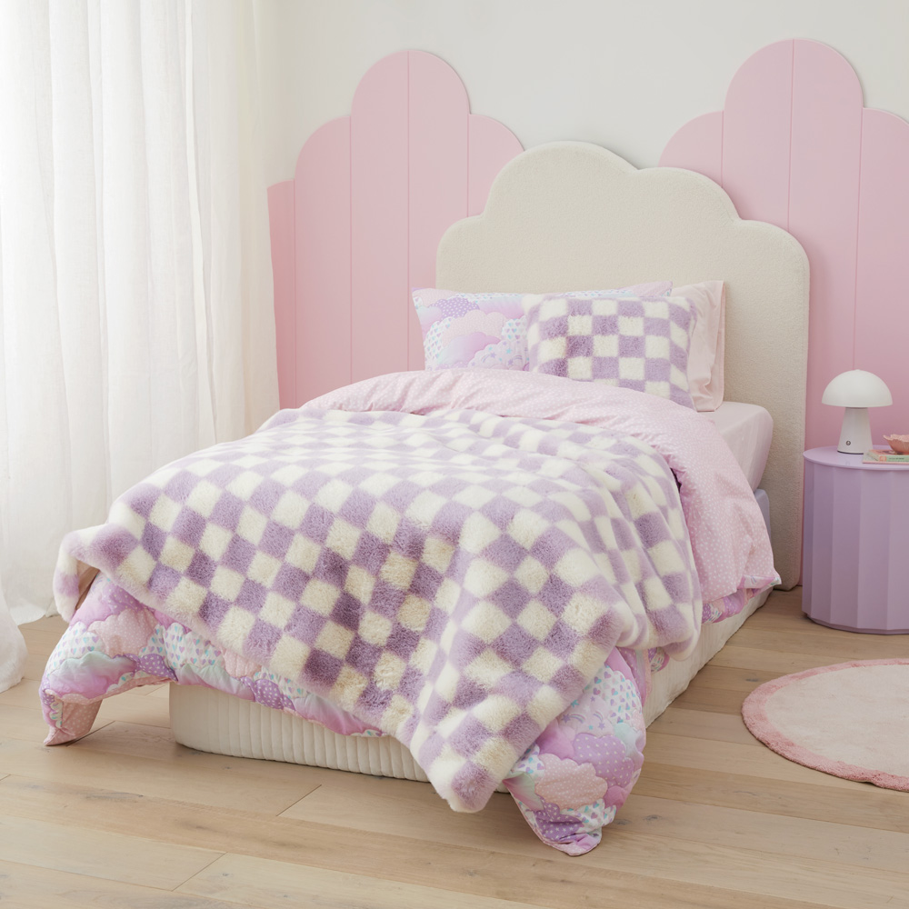 Adairs Kids Frankie Lilac Check Faux Fur Throw Adairs