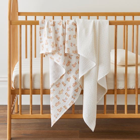 Teddy Time Natural Cotton Muslin Baby Swaddles 2pk
