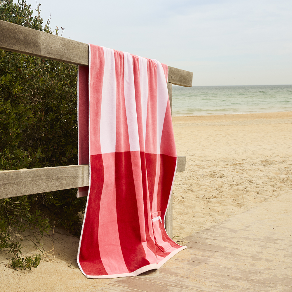 Luxe Pink Multi Stripe Velour Pocket Beach Towel Adairs