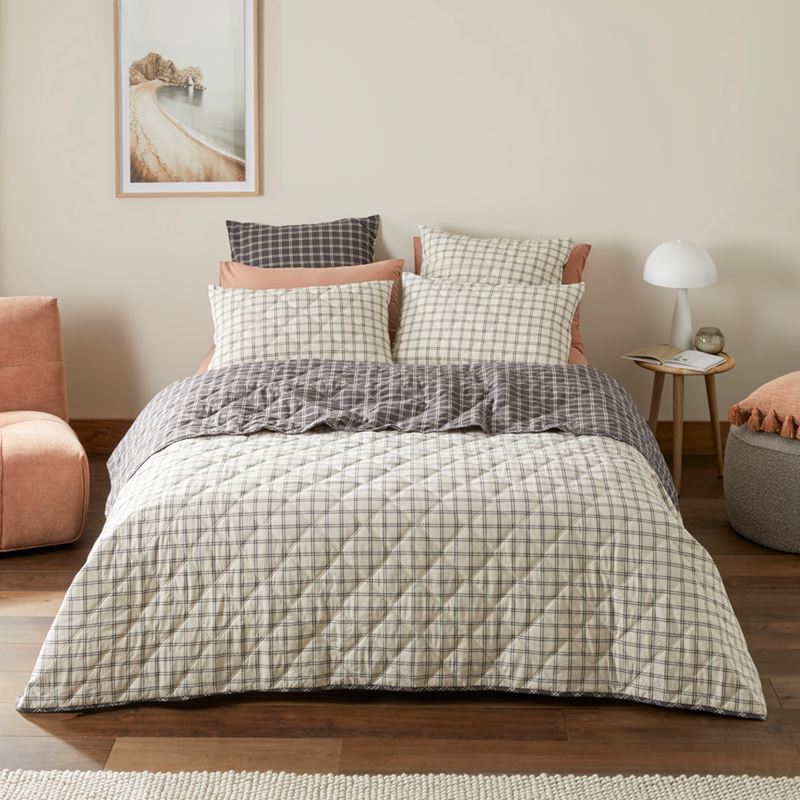 Stonewashed Cotton Charcoal Grid Quilted Coverlet Separates