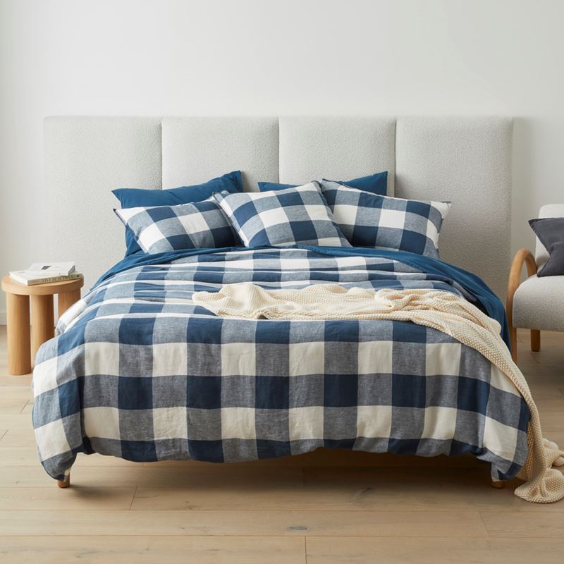 Vintage Washed Linen Large Navy Check Pillowcases