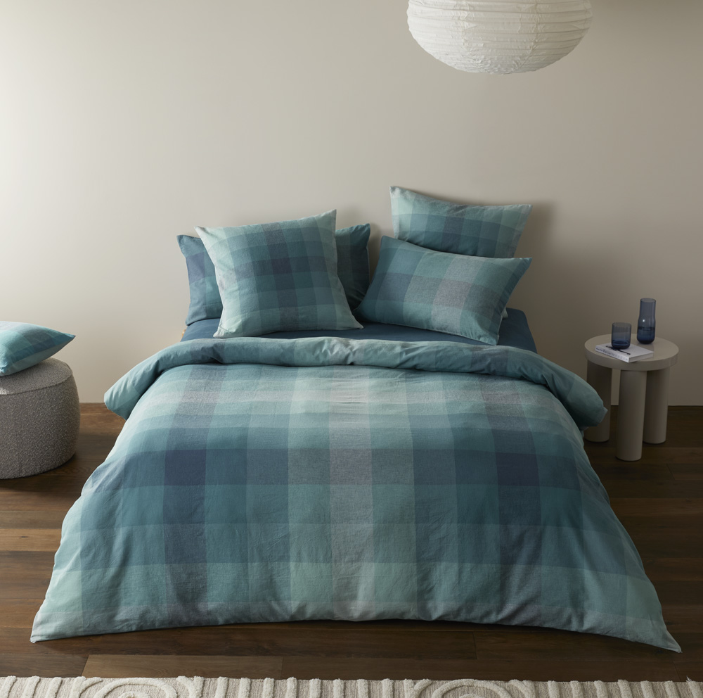 Vintage Washed Linen Cotton Ombre Check Teal Quilt Cover Set