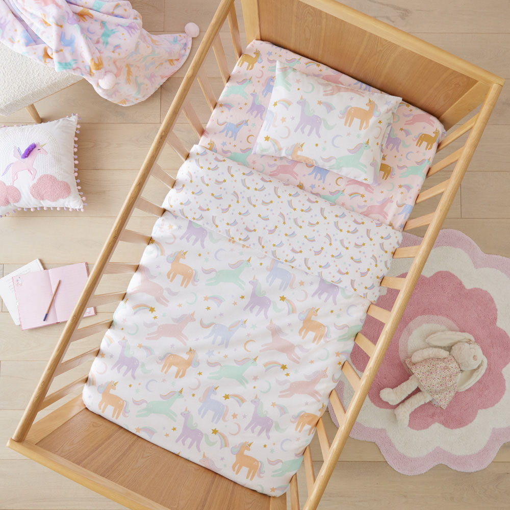 Adairs Kids Moonlight Unicorn White Flannelette Cot Quilt Cover Set