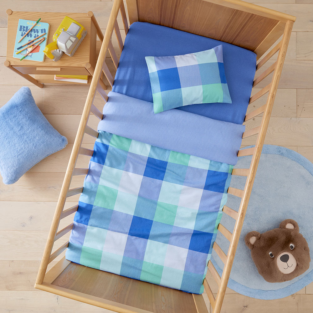 Adairs Kids Henry Check Blue Flannelette Cot Quilt Cover Set Adairs