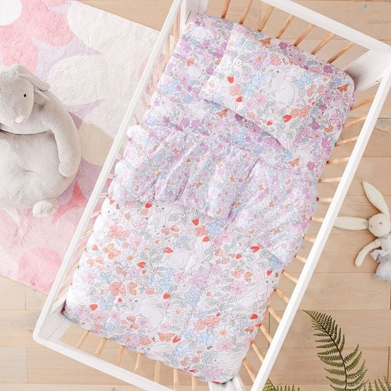 Bouncing Bunnies Blush Quilted Cot Jersey Quilt Cover Set