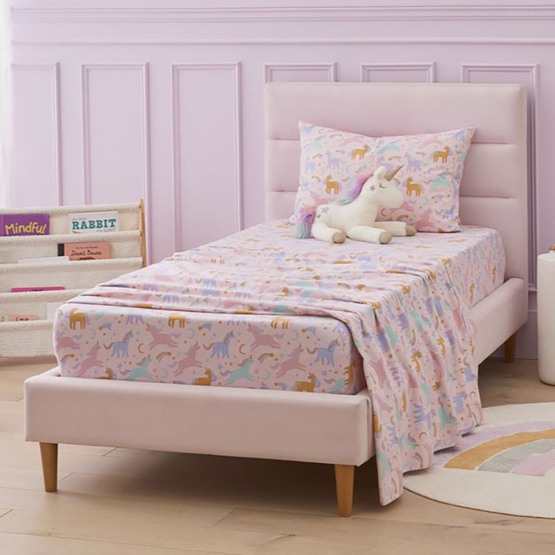 Moonlight Unicorn Pink Flannelette Cot Sheet Set