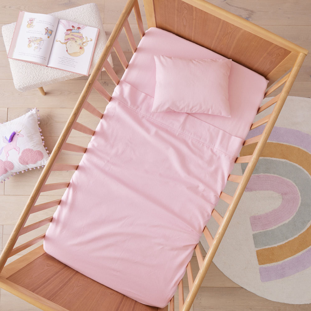 Adairs Kids Plain Dye Pink Flannelette Cot Sheet Set Adairs