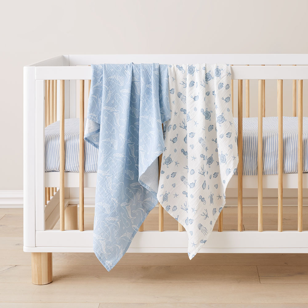 Adairs Kids Whale Wonder White Blue Cotton Muslin Baby Swaddles 2pk Adairs