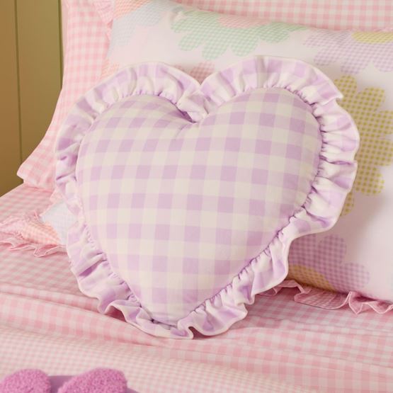 Lilac Heart Gingham Shaped Velvet Cushion