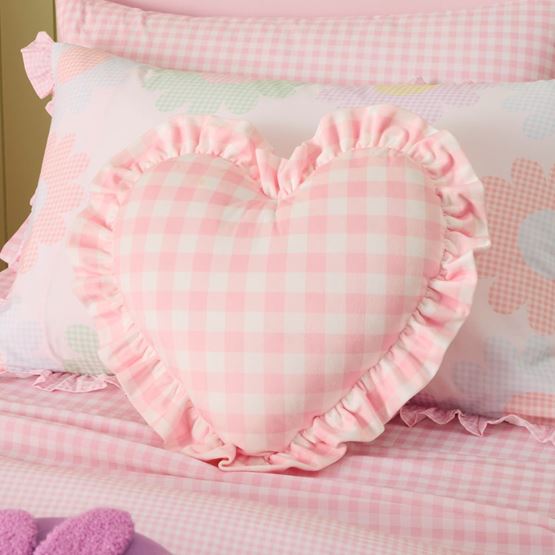 Pink Heart Gingham Shaped Velvet Cushion