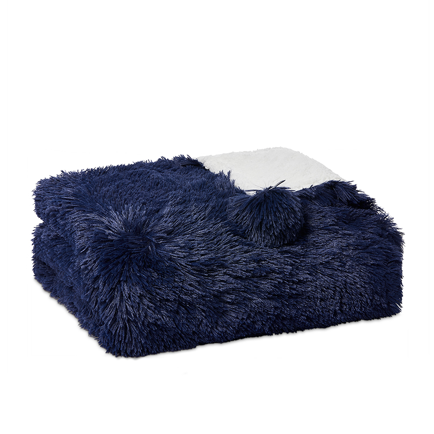 Snuggly Sherpa Navy Pom Pom Blanket Adairs
