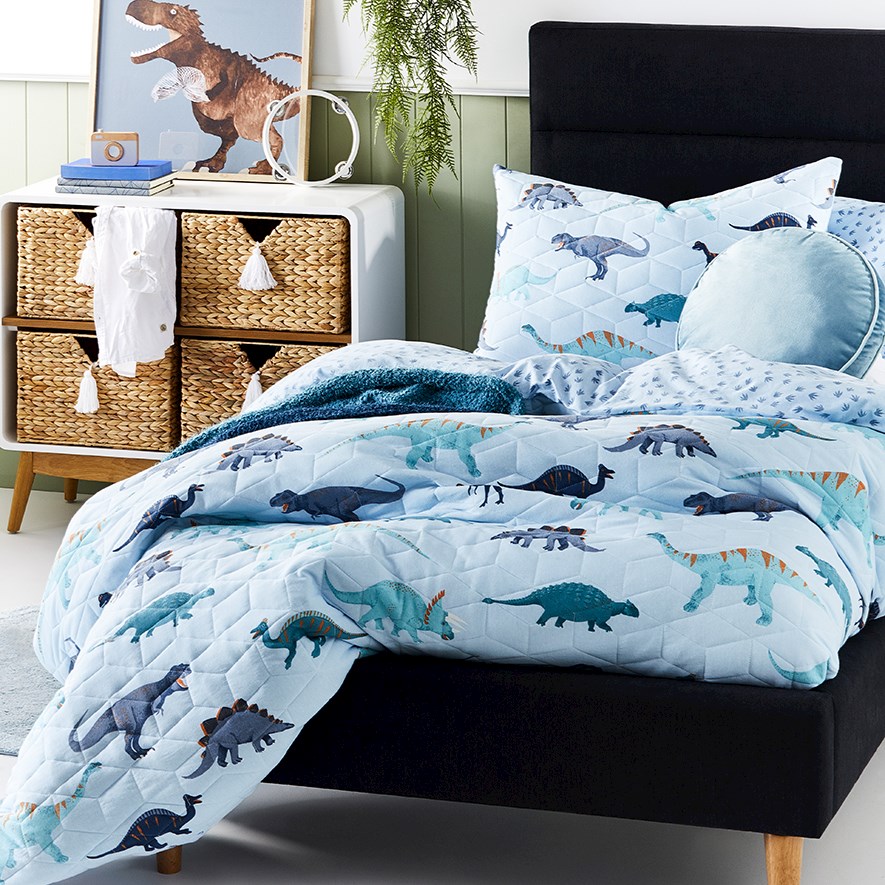Dino Footprints Quilted Jersey Sky Blue Quilt Cover Set Adairs