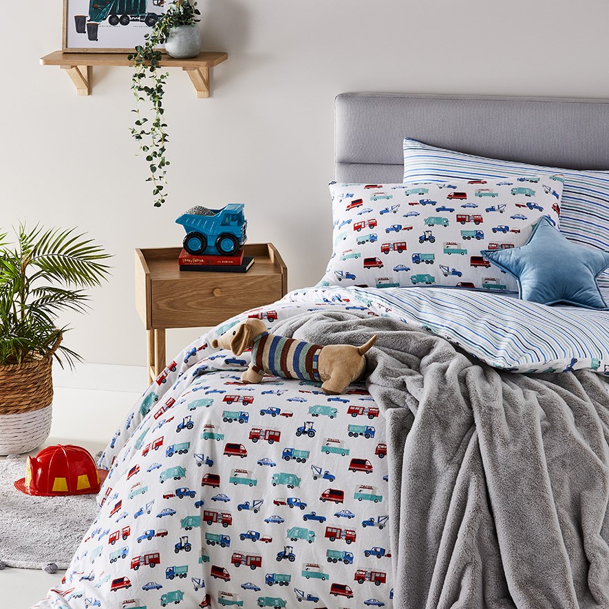Truckin' Along Grey Flannelette Quilt Cover Set Adairs