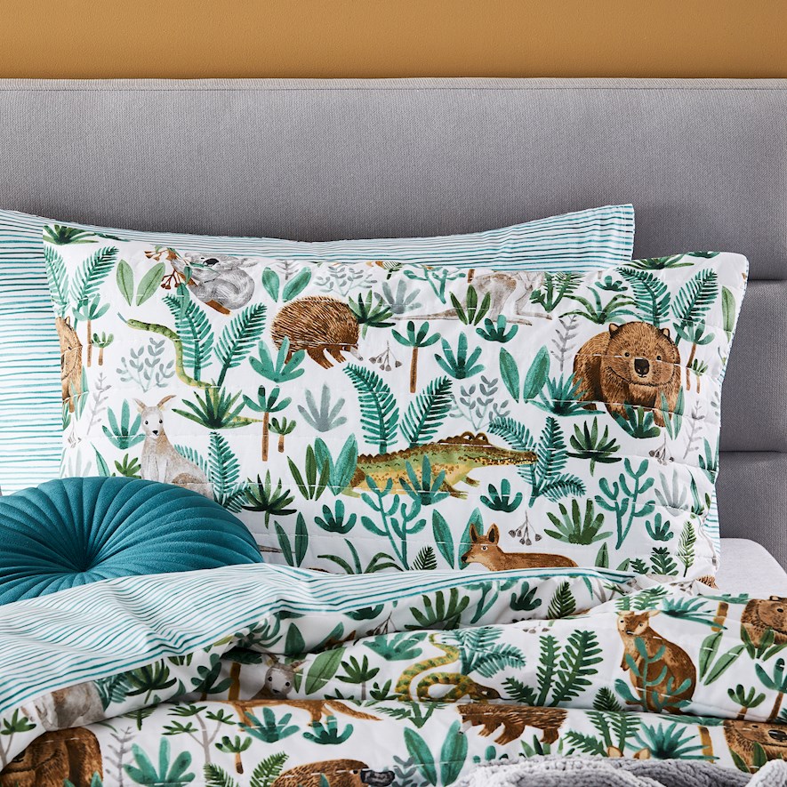 Adairs Kids Down Under Adventures Quilted Eucalyptus Quilt Cover Set