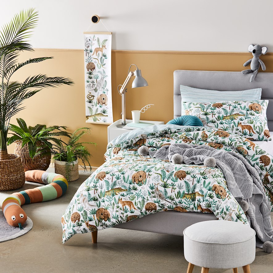 Adairs Kids Down Under Adventures Quilted Eucalyptus Quilt Cover Set