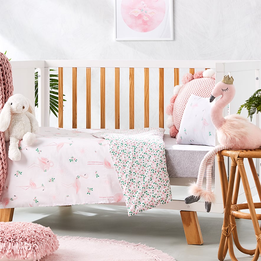 Adairs Kids Floral Flamingo Cot Quilt Cover Set Pink Adairs