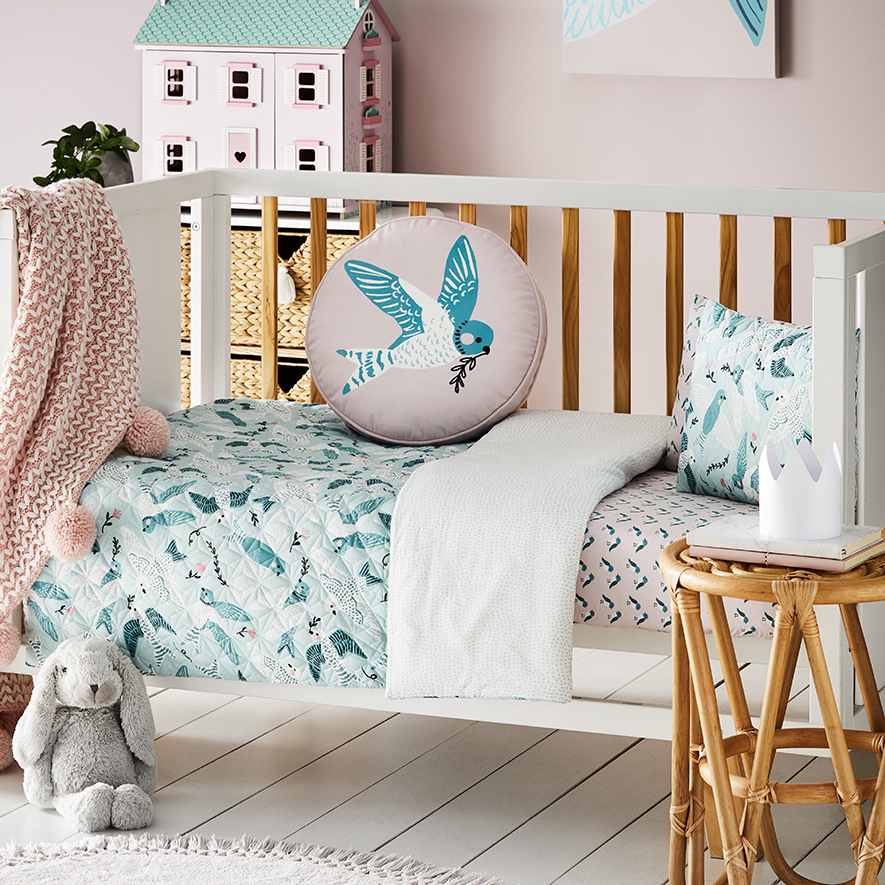 Birdie Quilted Sage Cot Quilt Cover Set Adairs