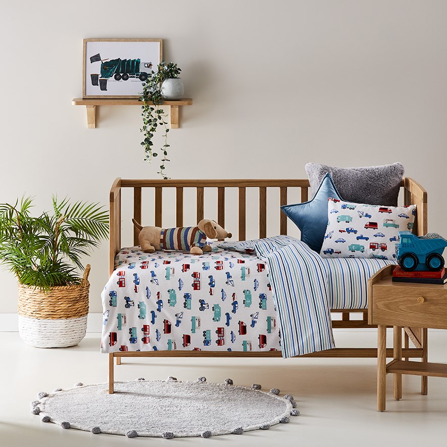 Truckin' Along Grey Flannelette Cot Quilt Cover Set Adairs