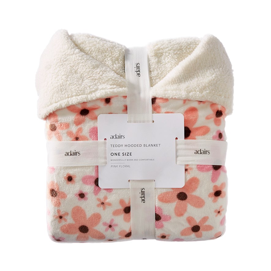 Adairs Teddy Pink Floral Hooded Blanket Adairs