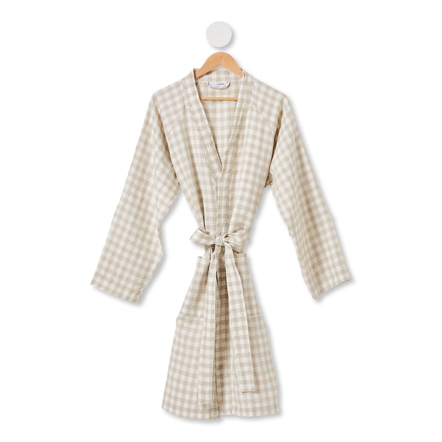 Vintage Washed Linen Check Linen Robe Adairs