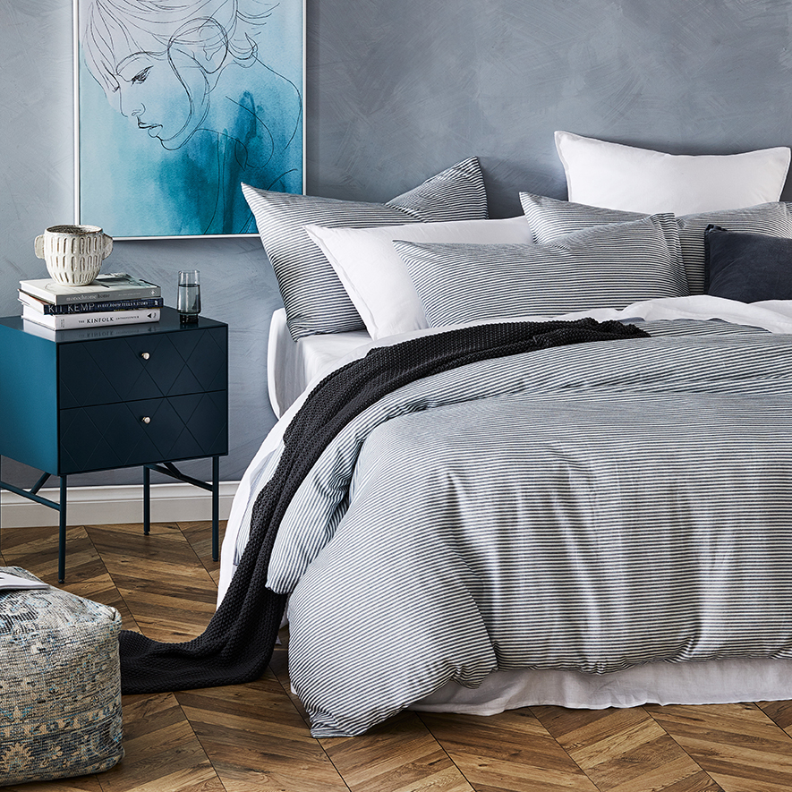 Printed Flannelette Navy Stripe Quilt Cover Set Adairs