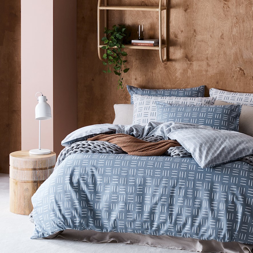 Printed Dusty Blue Geo Flannelette Quilt Cover Set + Pillowcases Adairs