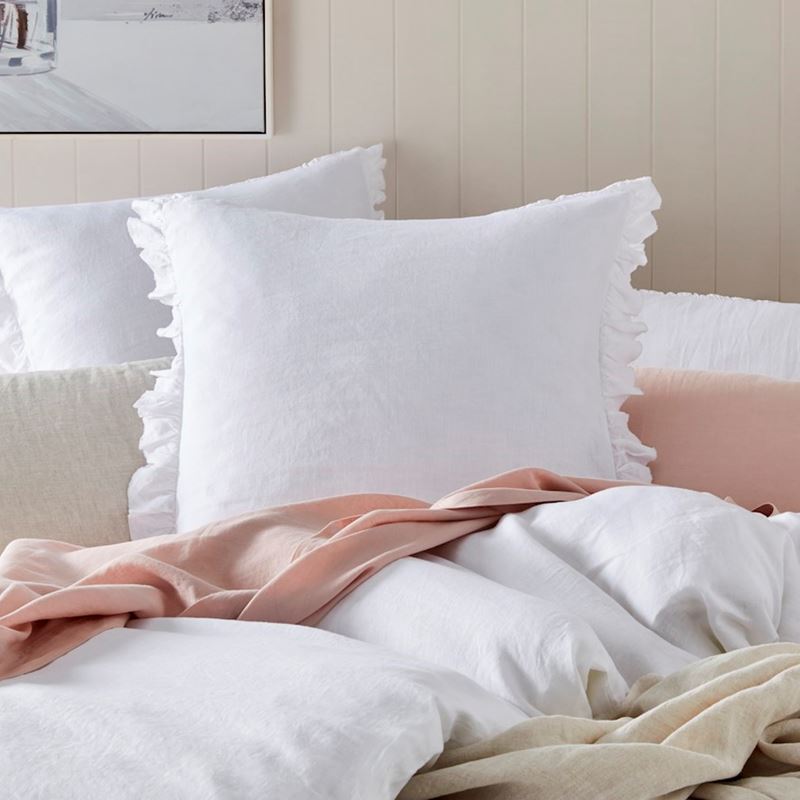 Vintage Washed Linen White Ruffle Pillowcase