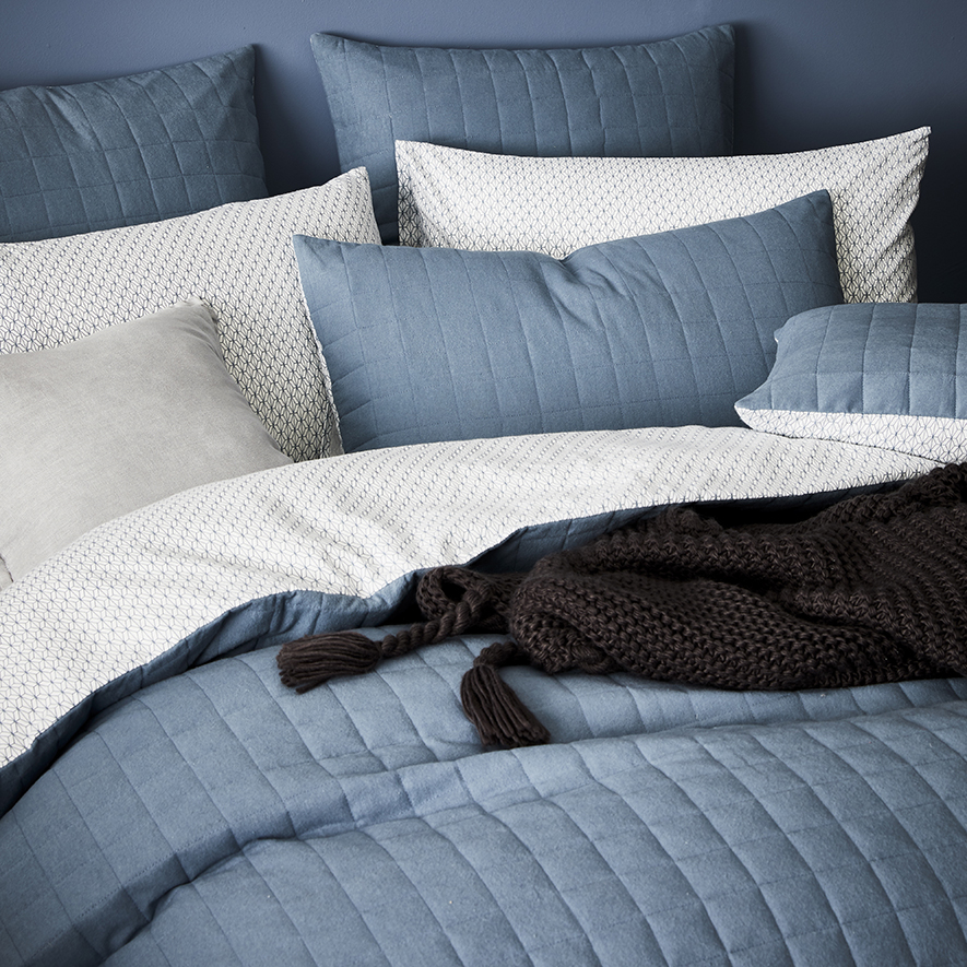 Home Republic Geo Flannelette Quilted Quilt Cover Set Blue Bedroom