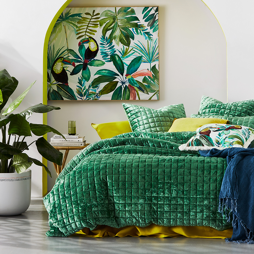 York Quilted Velvet Quilt Cover Jungle Green Adairs