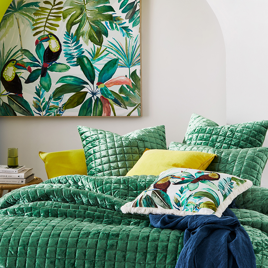 York Quilted Velvet Quilt Cover Jungle Green Adairs