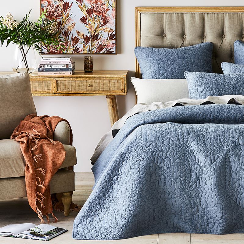 Daisy Quilted Dusty Blue Coverlet