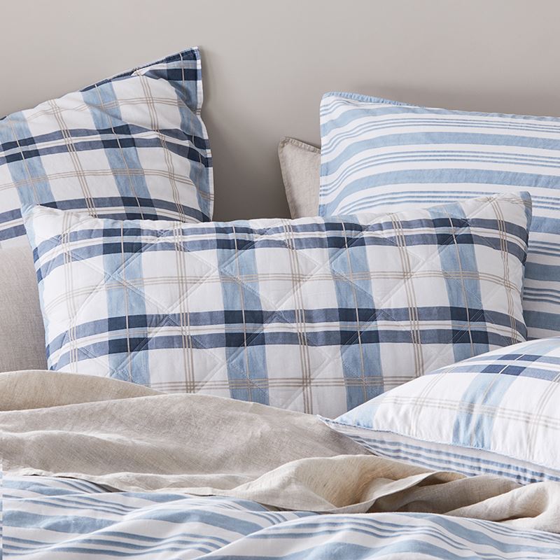 Stonewashed Cotton Printed Blue Check Quilted Coverlet