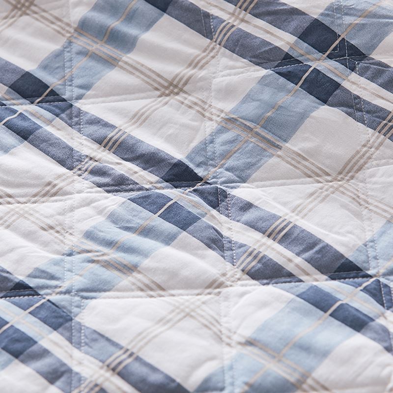 Stonewashed Cotton Printed Blue Check Quilted Coverlet